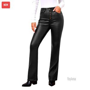 High Waist Stretchy Faux Leather Flare Pants Button Fly Jeans Women